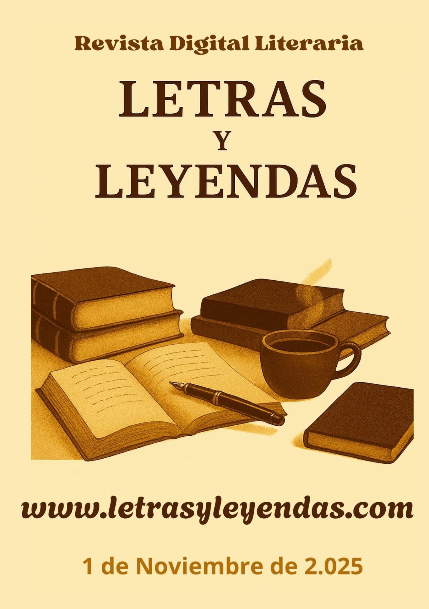Portada de revista digital con libros, taza y fecha 1 de noviembre de 2025.